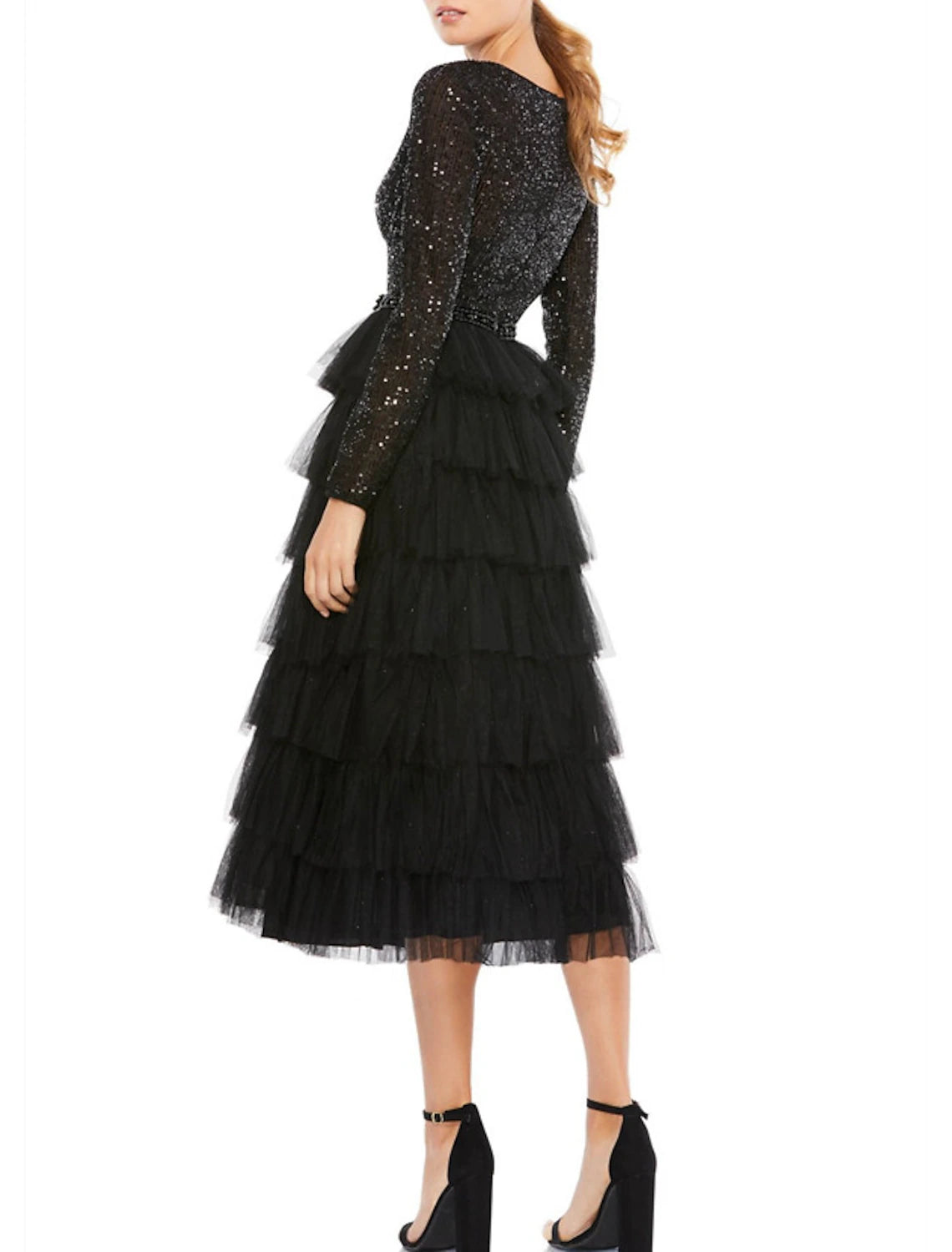 Abiti da cocktail a trapezio, eleganti, da invitare a nozze, da indossare in occasione di feste, lunghezza tè, maniche lunghe, scollo gioiello, in tulle con paillettes a strati.